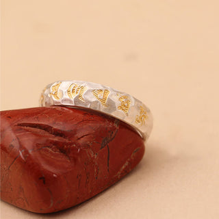 Buddha Gift Hammer Pattern Om Mani Padme Hum Copper Plated Silver Wealth Ring