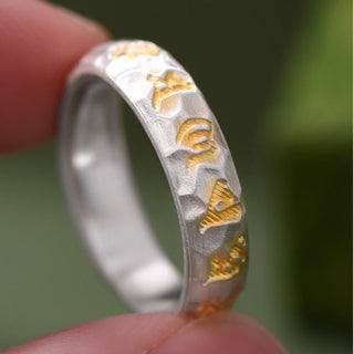 Buddha Gift Hammer Pattern Om Mani Padme Hum Copper Plated Silver Wealth Ring