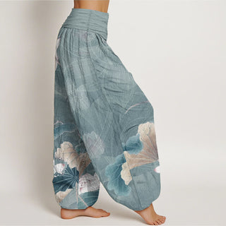 Buddha Gift Pure Cotton Lotus Flowers Leaves Pattern Women's Elastic Waist Harem Pants