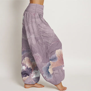 Buddha Gift Pure Cotton Lotus Flowers Leaves Pattern Women's Elastic Waist Harem Pants
