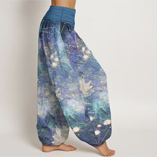 Buddha Gift Pure Cotton Koi Fish Lotus Moon Stars Pattern Women's Elastic Waist Harem Pants