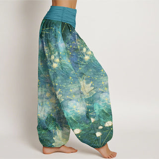 Buddha Gift Pure Cotton Koi Fish Lotus Moon Stars Pattern Women's Elastic Waist Harem Pants