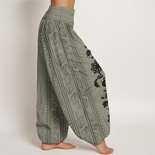 Buddha Gift Pure Cotton Dharma Wheel Lotus OM Pattern Women's Elastic Waist Harem Pants