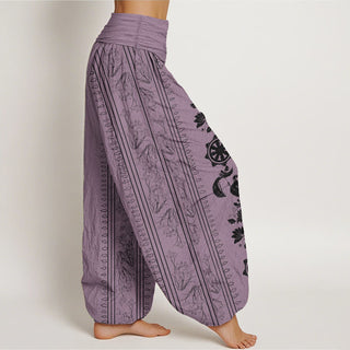 Buddha Gift Pure Cotton Dharma Wheel Lotus OM Pattern Women's Elastic Waist Harem Pants