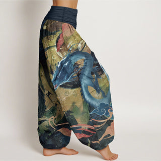 Buddha Gift Pure Cotton Dragon Auspicious Clouds Pattern Women's Elastic Waist Harem Pants