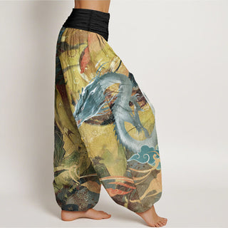 Buddha Gift Pure Cotton Dragon Auspicious Clouds Pattern Women's Elastic Waist Harem Pants