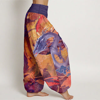 Buddha Gift Pure Cotton Dragon Auspicious Clouds Pattern Women's Elastic Waist Harem Pants
