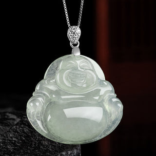 Buddha Gift 925 Sterling Silver Natural Jade Laughing Buddha Prosperity Abundance Chain Necklace Pendant