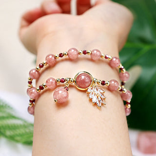 Buddha Gift Natural Strawberry Quartz Love Healing Maple Leaf Charm Double Wrap Bracelet