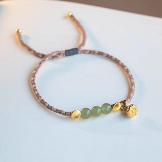Buddha Gift Handcrafted Hetian Jade Lotus Charm Luck Braided Bracelet