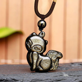 Buddha Gift Natural Rainbow Obsidian Gold Sheen Obsidian Nine Tailed Fox Positive Necklace Pendant