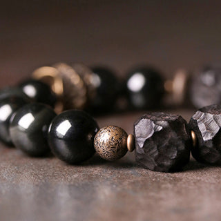 Buddha Gift Black Obsidian Ebony Wood Copper Strength Couple Bracelet