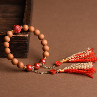 Buddha Gift Tibetan Natural Peach Wood Cinnabar PiXiu Wealth Tassels Bracelet