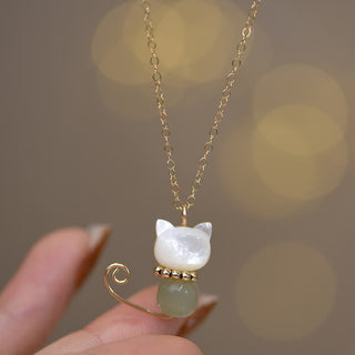 Buddha Gift 14K Gold Plated Pearl Hetian Jade Shell Luck Cat Kitten Necklace Pendant