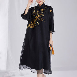 Buddha Gift 100% Mulberry Silk 6 Momme Dress Vintage Flower Butterfly Embroidery Qipao Dress Women's Cheongsam Dress