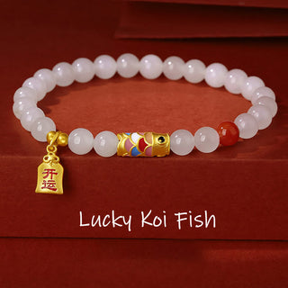 Buddha Gift 925 Sterling Silver Hetian White Jade Red Agate Koi Fish Luck Happiness Bracelet