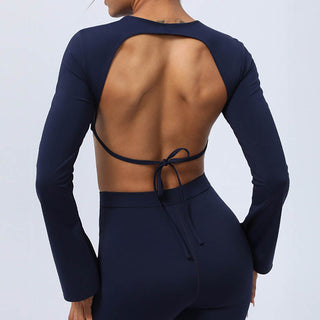 Buddha Gift Long Sleeve Backless Strap Top Bra Flare Pants Fitness Yoga Outfit