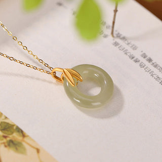 Buddha Gift 925 Sterling Silver Cyan Jade Peace Buckle Bamboo Leaf Harmony Necklace Pendant
