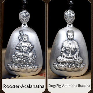 Buddha Gift 999 Sterling Silver Chinese Zodiac Natal Buddha Heart Sutra Engraved Protection Necklace Pendant