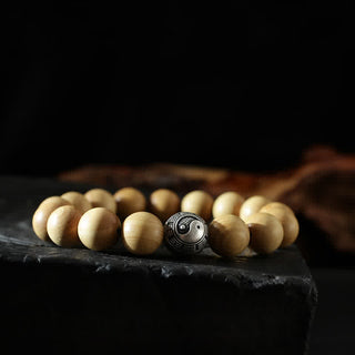 Buddha Gift Tibet Peach Wood Lotus Cinnabar Bagua Yin Yang Luck Wealth Bracelet