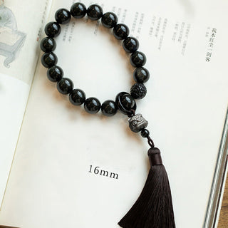 Buddha Gift Natural Silver Sheen Obsidian Black Obsidian Lion Wrist Mala Protection Tassels Pocket Mala Car Decoration