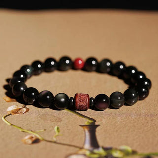 Buddha Gift Natural Gold Sheen Obsidian Rainbow Obsidian Om Mani Padme Hum Fu Character Healing Bracelet