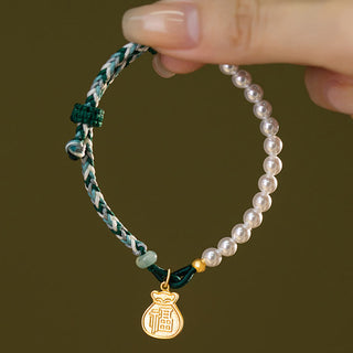 Buddha Gift 925 Sterling Silver Fu Character Lucky Bag Pearl Hetian Jade Wisdom Rope Bracelet