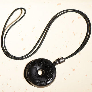 Buddha Gift Chinese Zodiac Natural Black Obsidian Peace Buckle Strength Necklace Pendant
