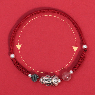 Buddha Gift 999 Sterling Silver PiXiu Strawberry Quartz Bead Wealth Luck Braided Bracelet