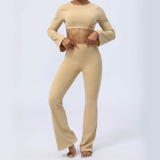 Buddha Gift Long Sleeve Backless Strap Top Bra Flare Pants Fitness Yoga Outfit