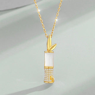 Buddha Gift 925 Sterling Silver Hetian White Jade Bamboo Happiness Necklace Pendant