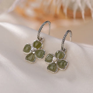 Buddha Gift 925 Sterling Silver Natural Cyan Jade Four Leaf Clover Luck Success Earrings