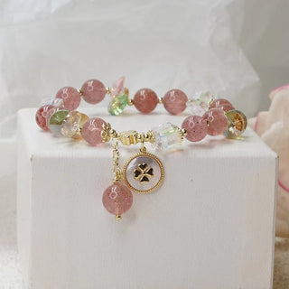 Buddha Gift Strawberry Quartz Lucky Four Leaf Clover Healing Charm Bracelet