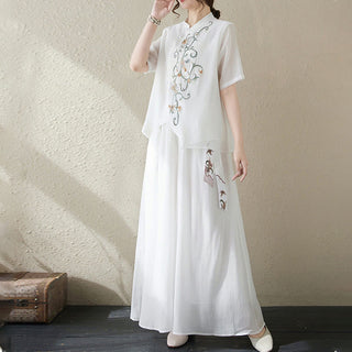 Buddha Gift 2Pcs Flower Embroidery Short Sleeve Tee T-shirt Wide Leg Pants Set