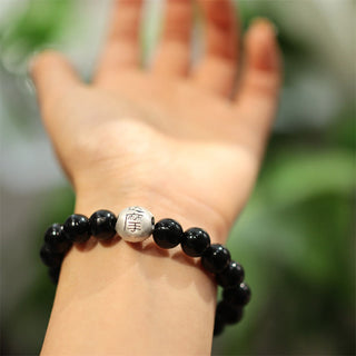 Buddha Gift 925 Sterling Silver Black Onyx Bead Character Engraved Protection Bracelet
