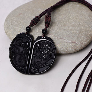 Buddha Gift Black Obsidian Love Dragon Phoenix Protection Necklace Pendant