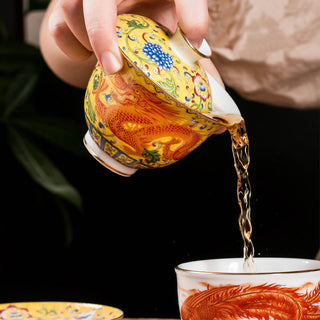 Buddha Gift Dragon Phoenix Flower Design Ceramic Gaiwan Sancai Teacup Kung Fu Tea Cup And Saucer With Lid