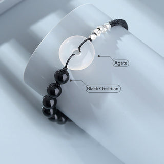 Buddha Gift 925 Sterling Silver Black Obsidian Agate Peace Buckle Strength Bracelet