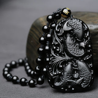 Buddha Gift Black Obsidian Koi Fish Engraved Strength Beaded Necklace Pendant