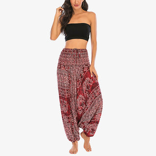 Buddha Gift Two Style Wear Elephant Pattern Loose Smocked Harem Trousers Jumpsuit Women's Yoga Pants