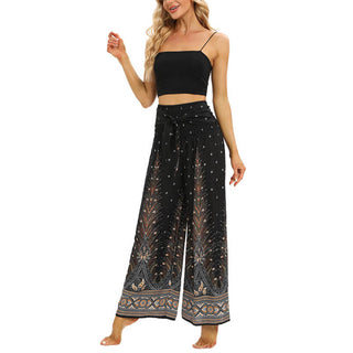 Buddha Gift Boho Peacock Feathers Lace-up Wide Leg Pants Women's Yoga Pants