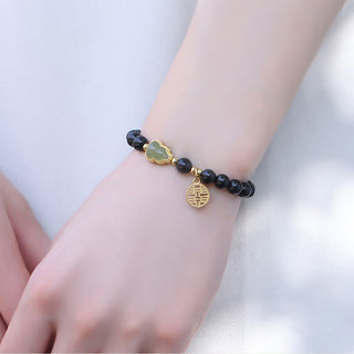 Buddha Gift Natural Black Obsidian Hetian Jade Gourd Double Happiness Strength Bracelet