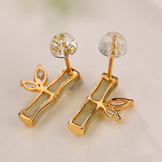 Buddha Gift 925 Sterling Silver Hetian Cyan Jade White Jade Red Agate Bamboo Pattern Luck Stud Earrings