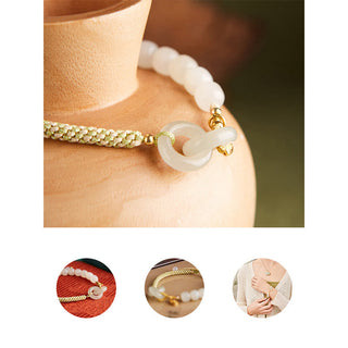 Buddha Gift Natural Hetian Jade Bead Double Peace Buckle Fu Character Abundance Braided Bracelet