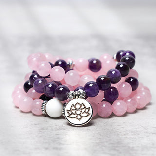 Buddha Gift Natural Rose Quartz & Amethyst Mala Bead Lotus Pendant Bracelet