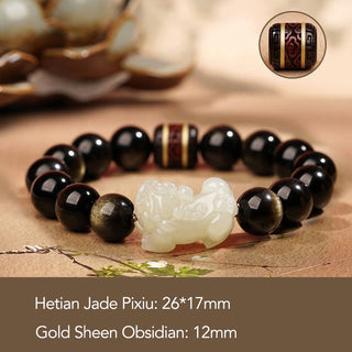Buddha Gift Natural Gold Sheen Obsidian Hetian Cyan Jade White Jade PiXiu Wealth Bracelet