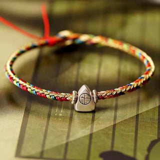 Buddha Gift 925 Sterling Silver Fu Character Zongzi Pattern Multicolored String Luck Handmade Braided Bracelet