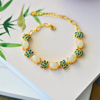 Buddha Gift White Jade Cyan Jade Lotus Protection Bracelet