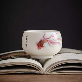 Buddha Gift Koi Fish White Porcelain Ceramic Teacup Kung Fu Tea Cup