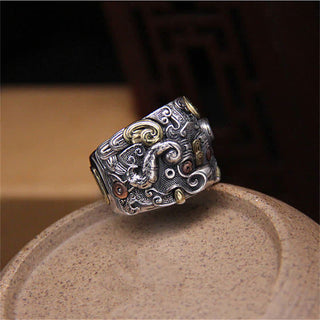 Buddha Gift 925 Sterling Silver Fengshui Kui Cattle Protection Adjustable Ring